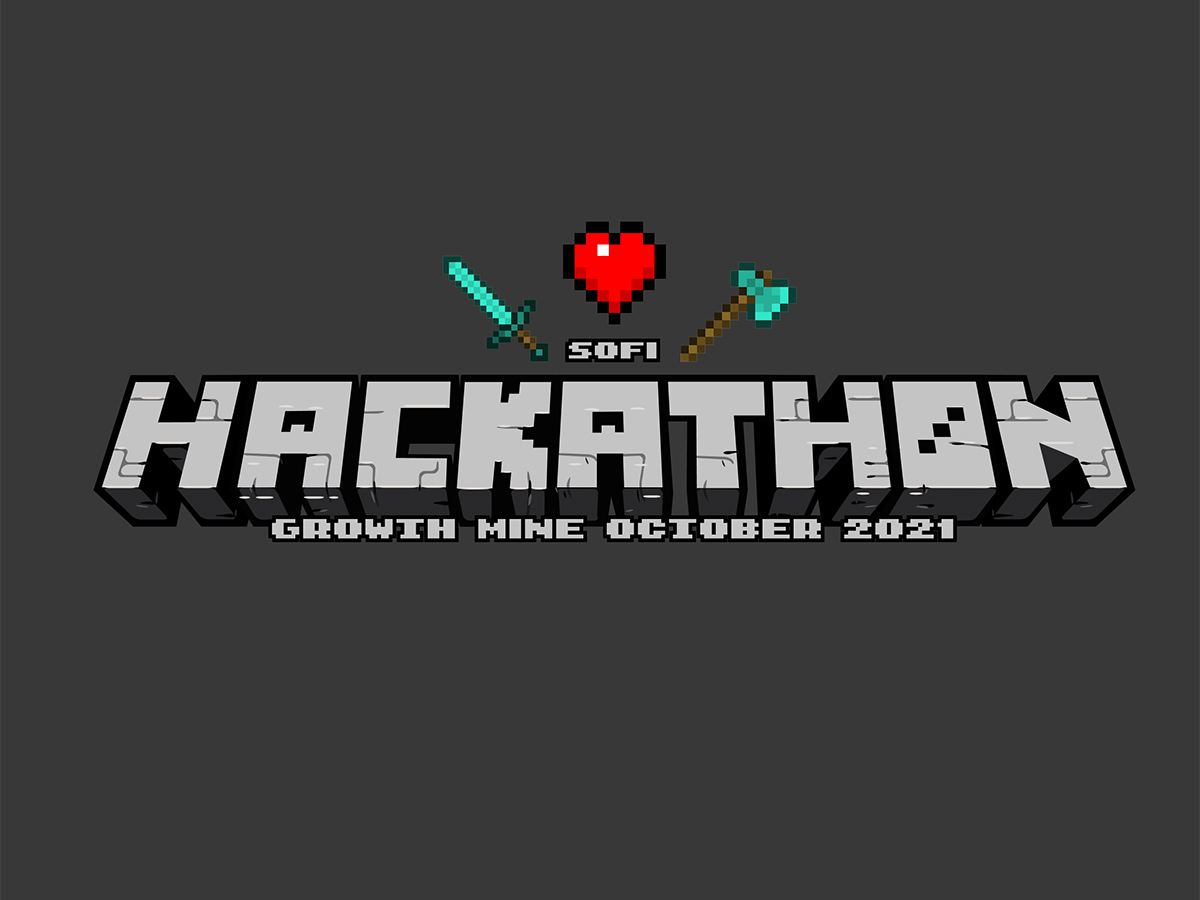 Hackathon Growth Mine October 2021 written in Minecraft style with pixelated axe, sword and heart