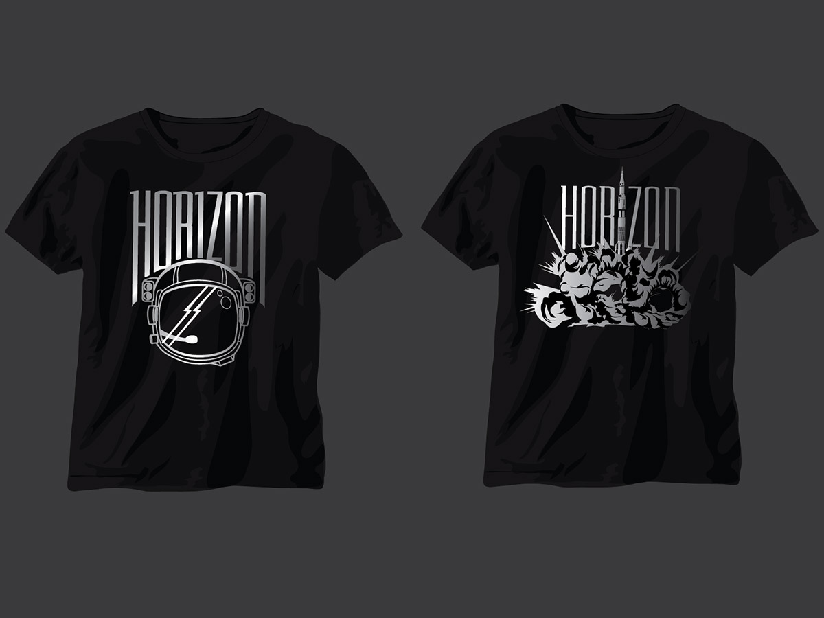 Horizons written in metallic print on black tshirt