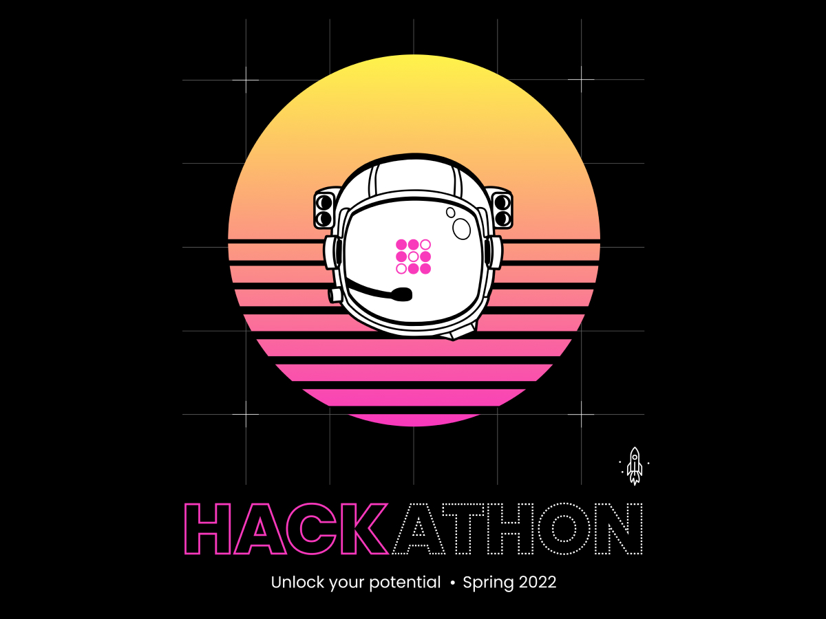 80s style neon spaceman logo with words Hackathon