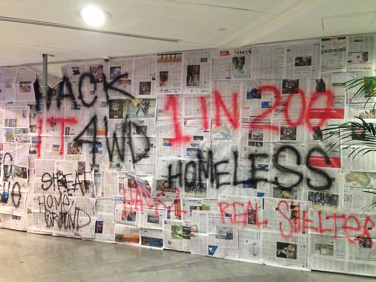 Covered the entire REA foyer in newspaper and bombed it with graffiti.