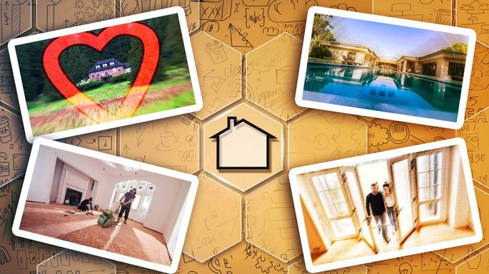 Collage of pics of home buyers, home with a pool and cleaning a floor